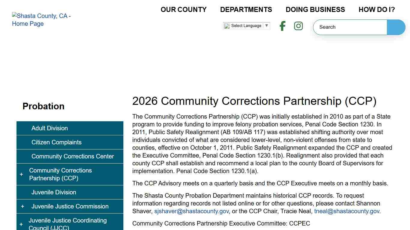 2026 Community Corrections Partnership (CCP) Shasta County CA