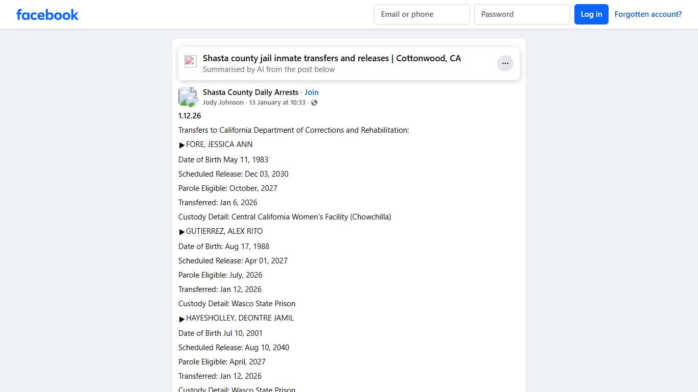 Shasta County Daily Arrests **1.12.26** Facebook