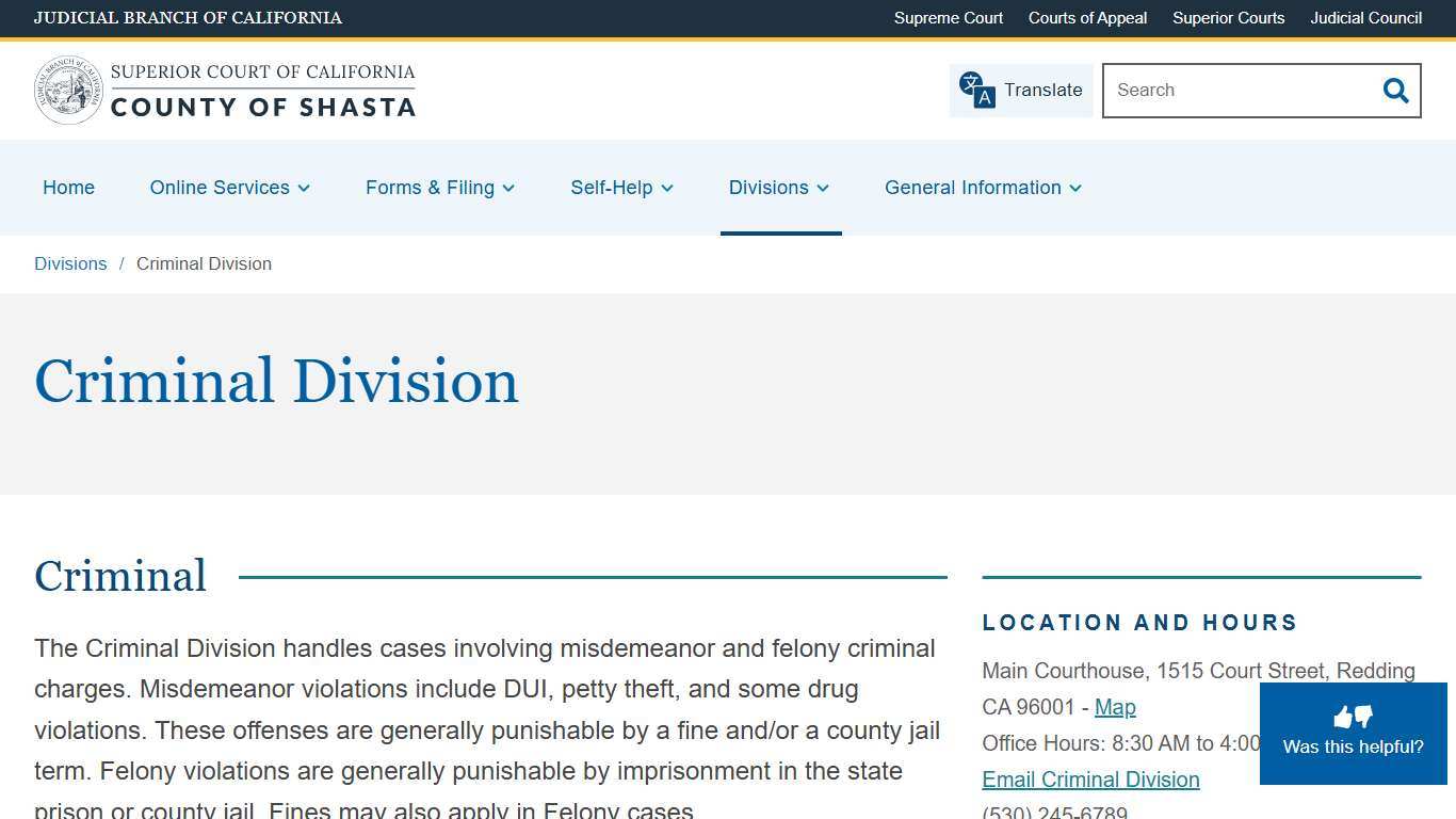 Criminal Division Superior Court of California County of Shasta