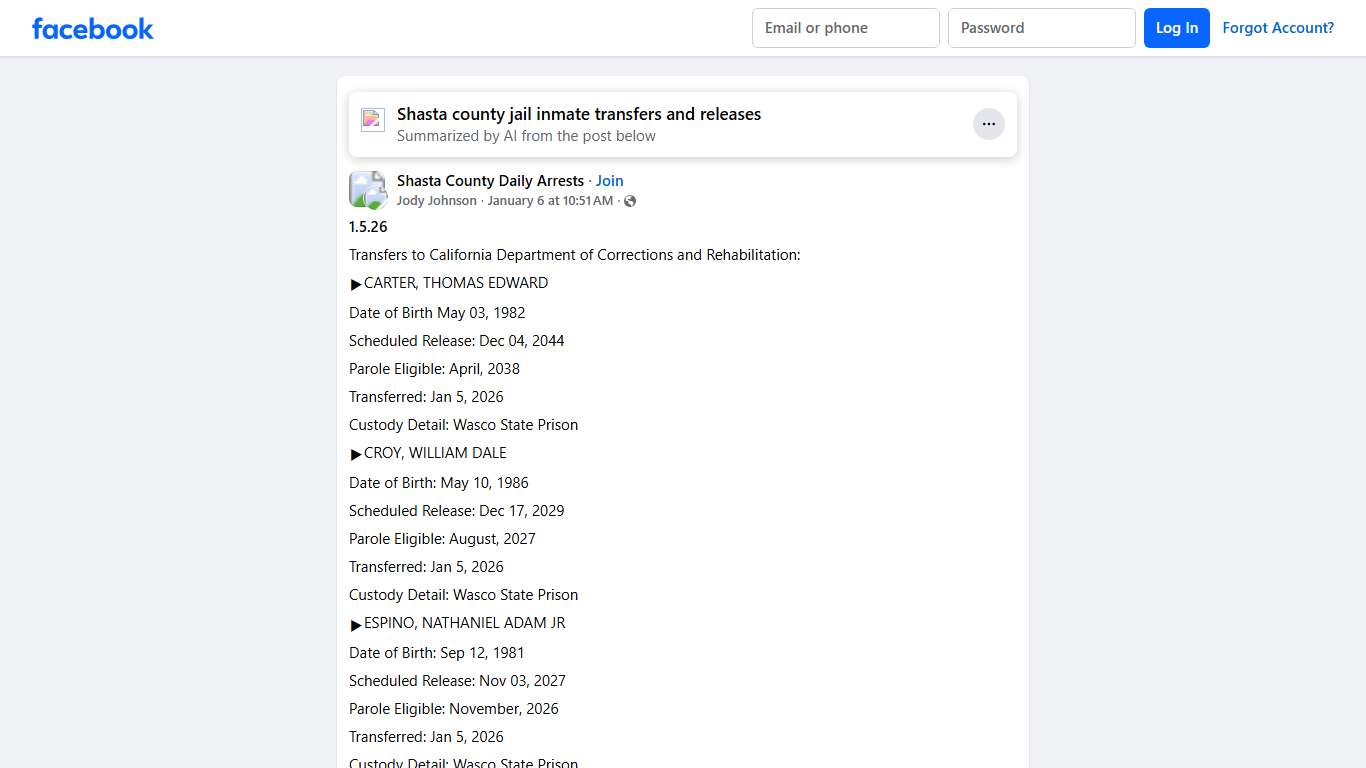 Shasta County Daily Arrests **1.5.26** Facebook